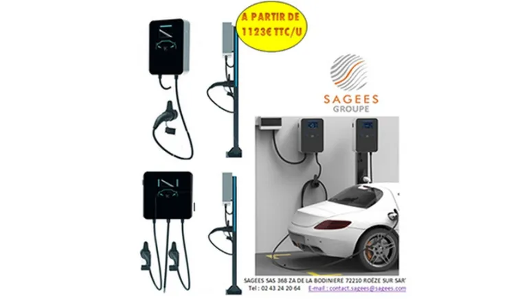 Colonne murale de recharge véhicule de 7 kW à 44 kW monophasé 230V ou triphasé 380V, Guadeloupe, SAGEES